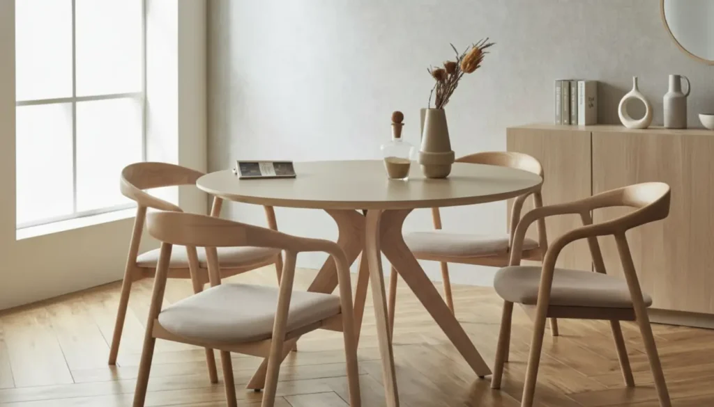 丸型ダイニングテーブルとナチュラルウッドチェアを配置したミニマリストスタイルのダイニングルーム
