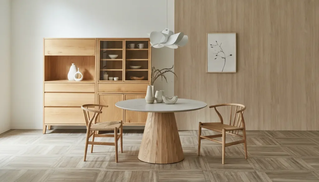 1本脚中央ペデスタルデザインの円形ダイニングテーブルとYチェア