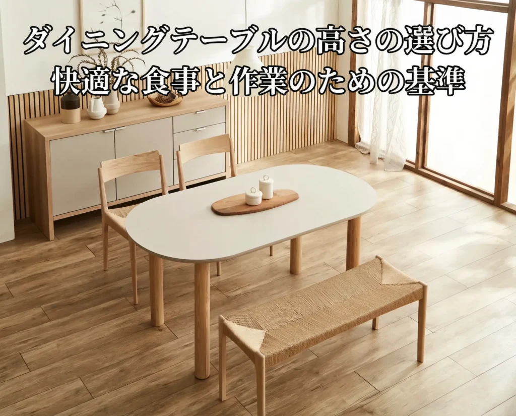 白い天板と天然木の脚を持つ楕円形ダイニングテーブルと天然木チェア、ベンチが配置された明るいダイニングルーム。ダイニングテーブルの高さ選びのタイトルが明朝体の白文字と黒の袋文字で表示されている。