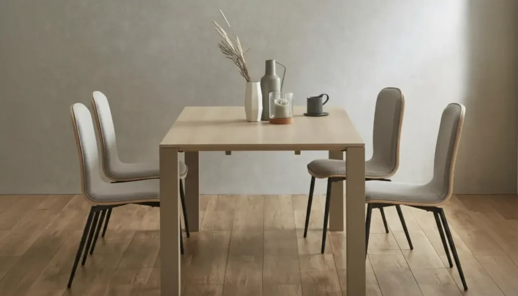 ナチュラルウッドダイニングテーブルのある温かみのあるダイニング空間