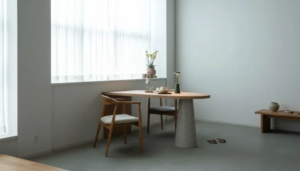 2人掛け楕円形ダイニングテーブルと1本脚デザインのミニマリストモダン空間