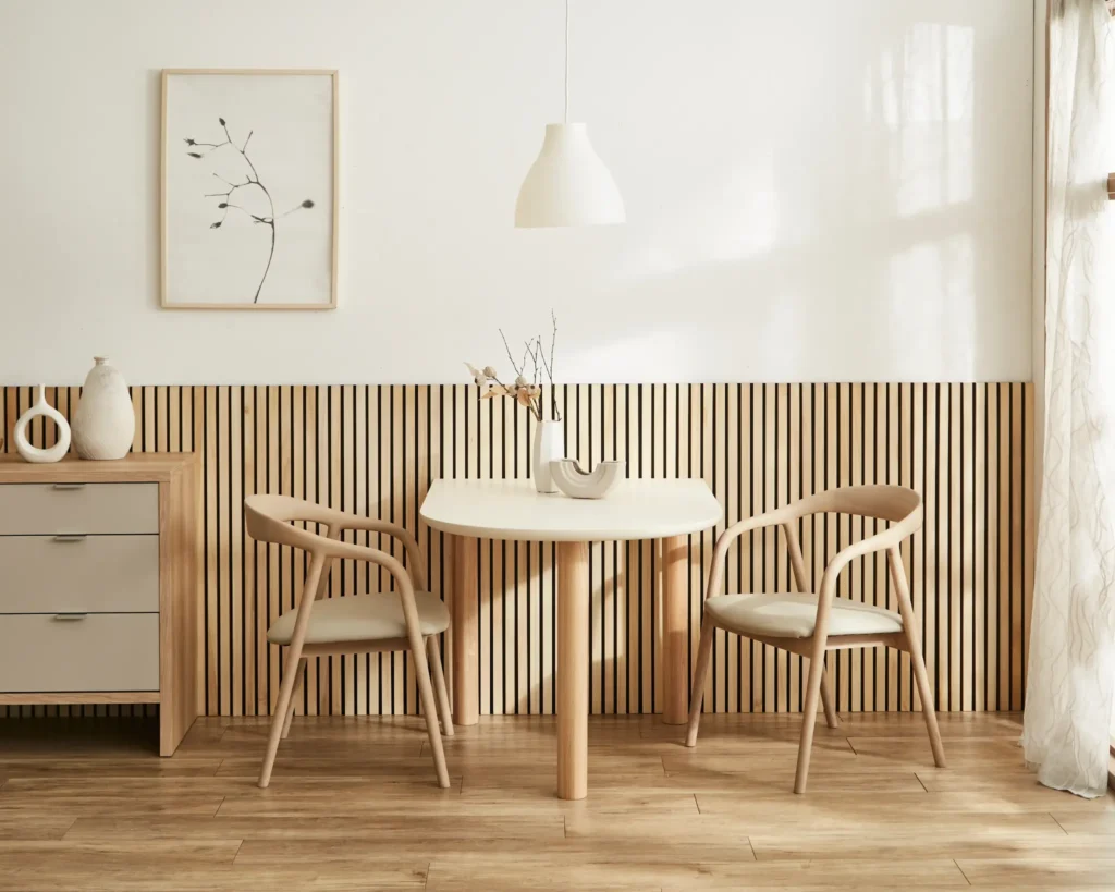 2人掛け円形ダイニングテーブルと1本脚デザインのナチュラルミニマリスト空間