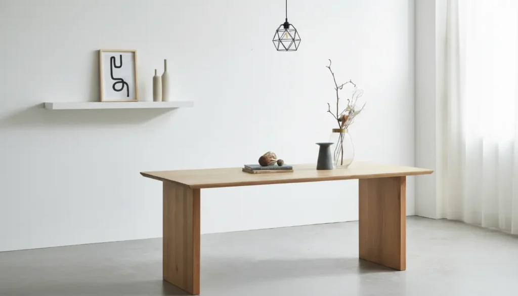 2本脚T字型デザインのナチュラルウッドダイニングテーブル