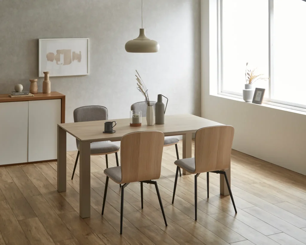4人掛けダイニングテーブルで過ごす家族の食卓時間を表現したナチュラルウッドのダイニング空間