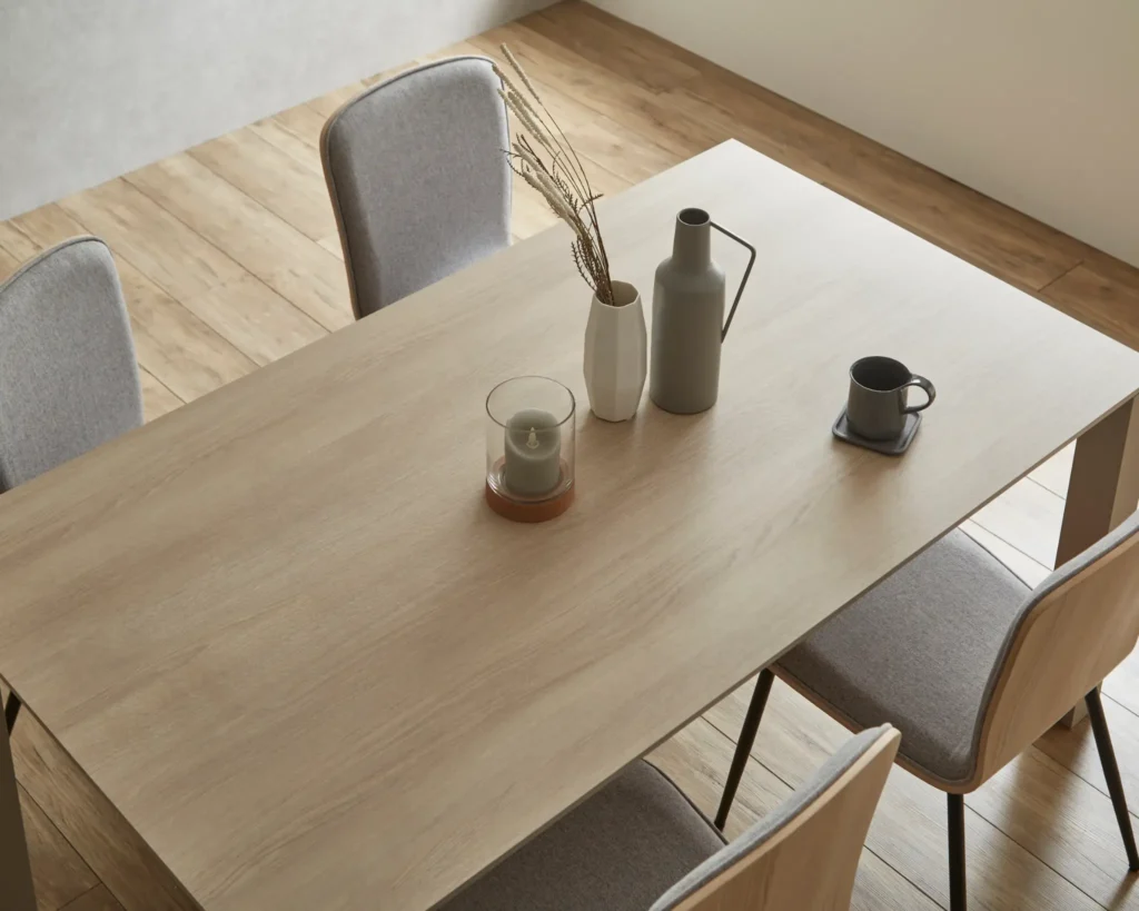 4人掛けダイニングテーブルのサイズと幅の選び方を示す俯瞰視点の画像