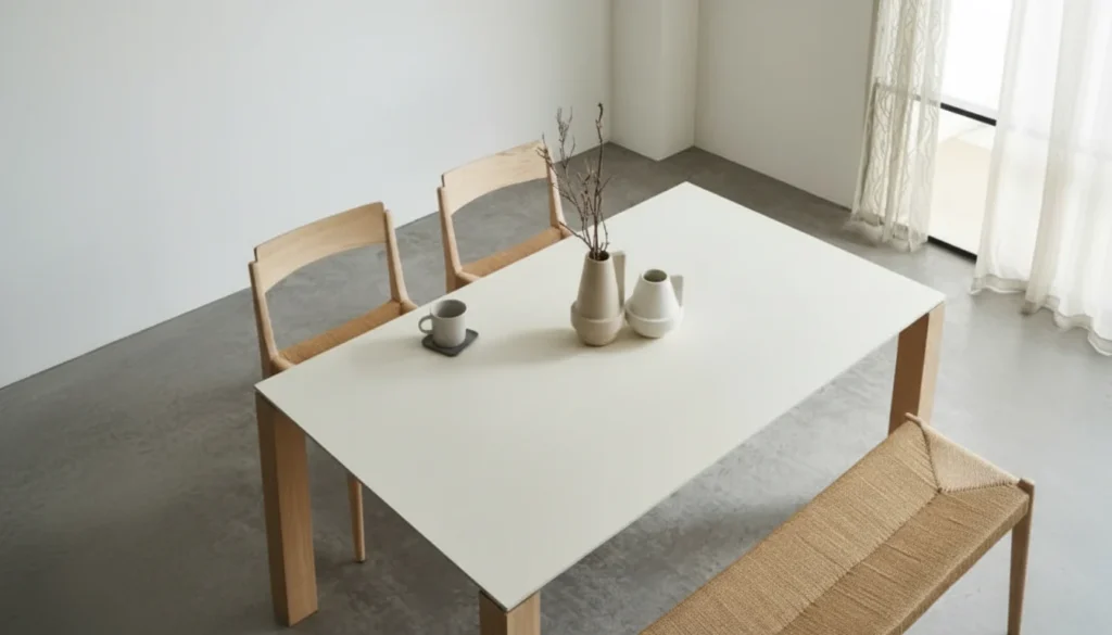 メラミン天板のダイニングテーブルと椅子・ベンチの配置実例