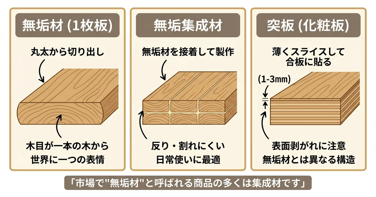 ダイニングテーブル無垢材の種類比較図|1枚板・集成材・突板の構造の違いを解説