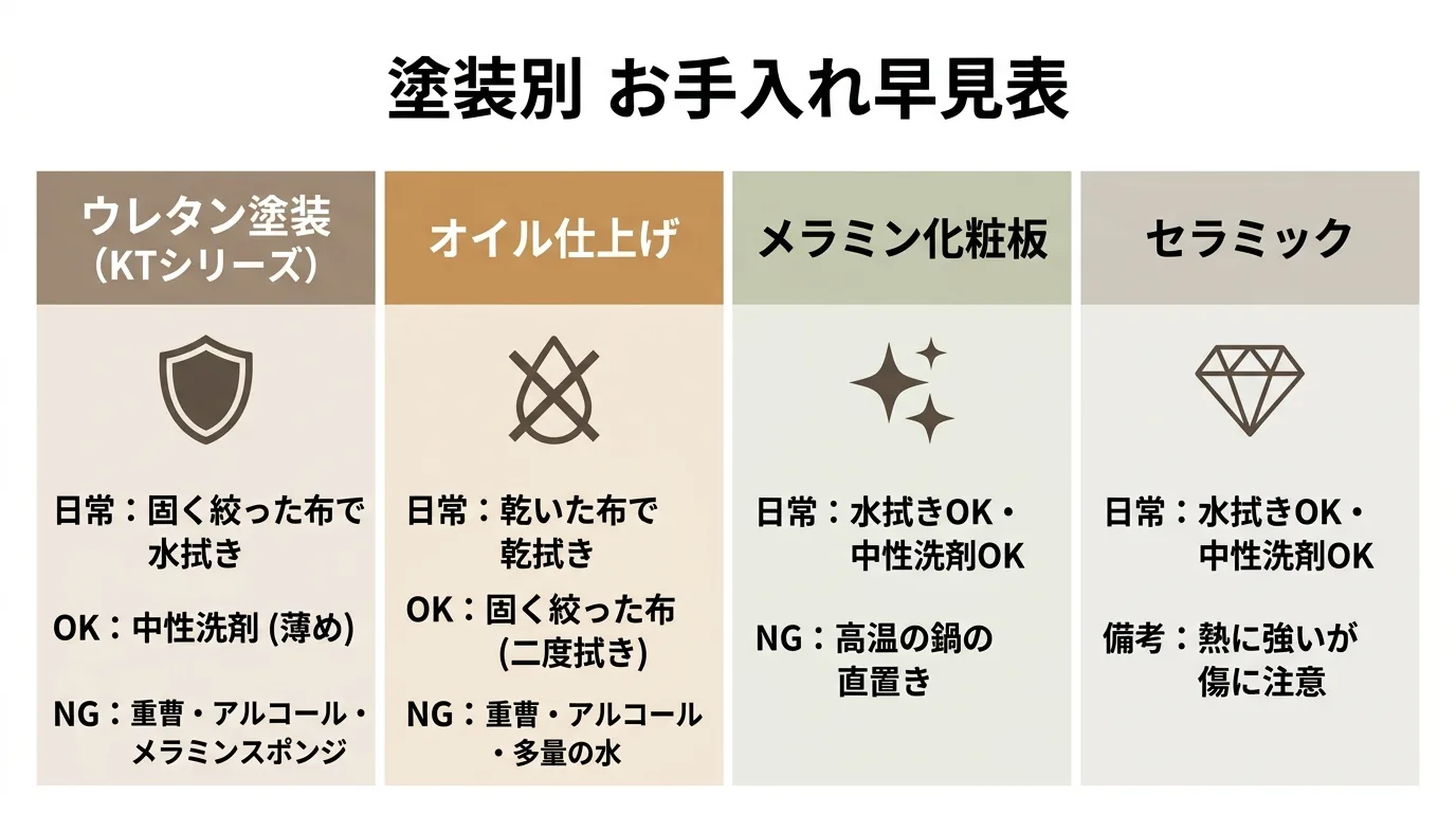 ダイニングテーブルの塗装別お手入れ方法比較図解。ウレタン塗装・オイル仕上げ・メラミン・セラミックの4種類の日常ケアと禁止事項を一覧化。