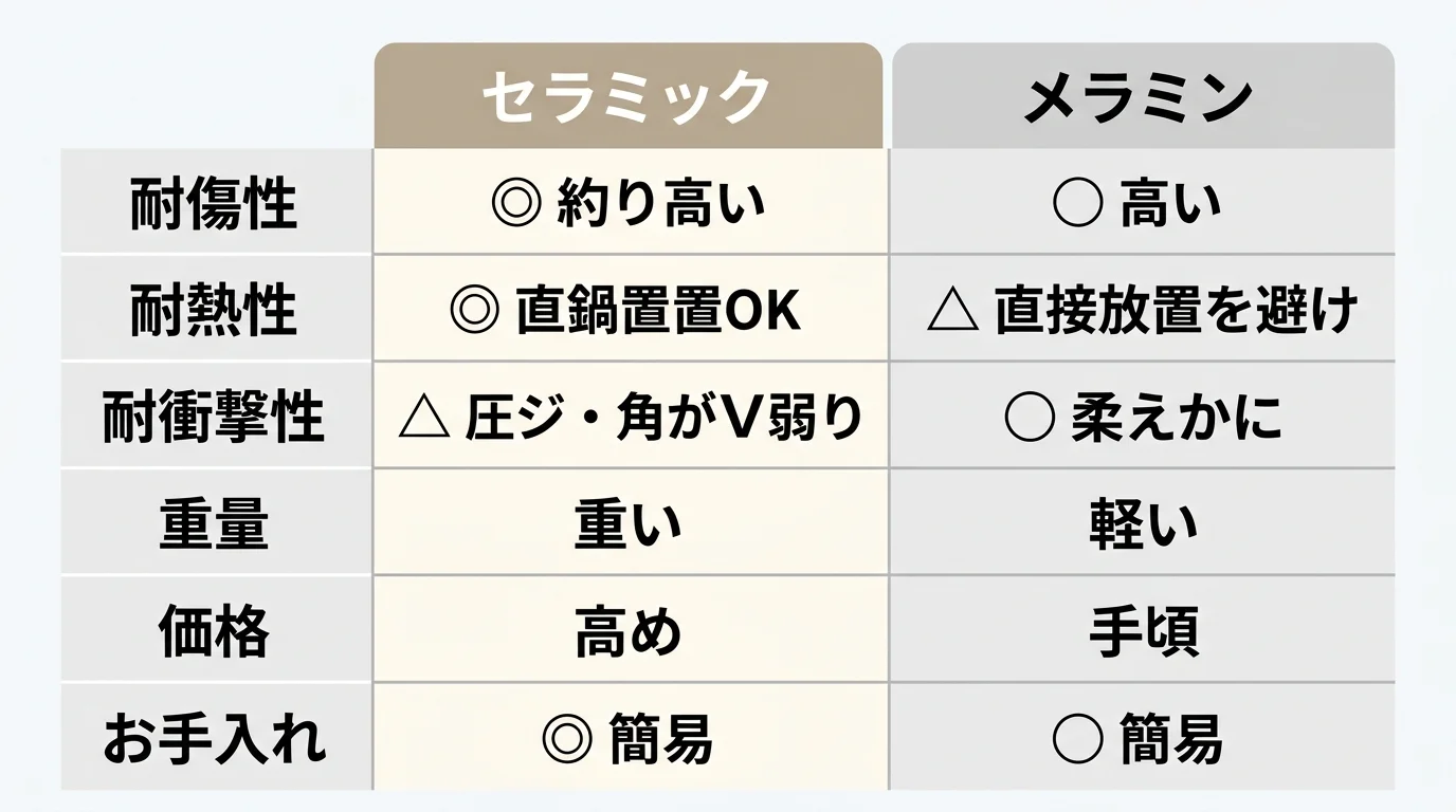 セラミックとメラミン天板の比較図。耐傷性・耐熱性・耐衝撃性・重量・価格・お手入れの6項目を比較したインフォグラフィック