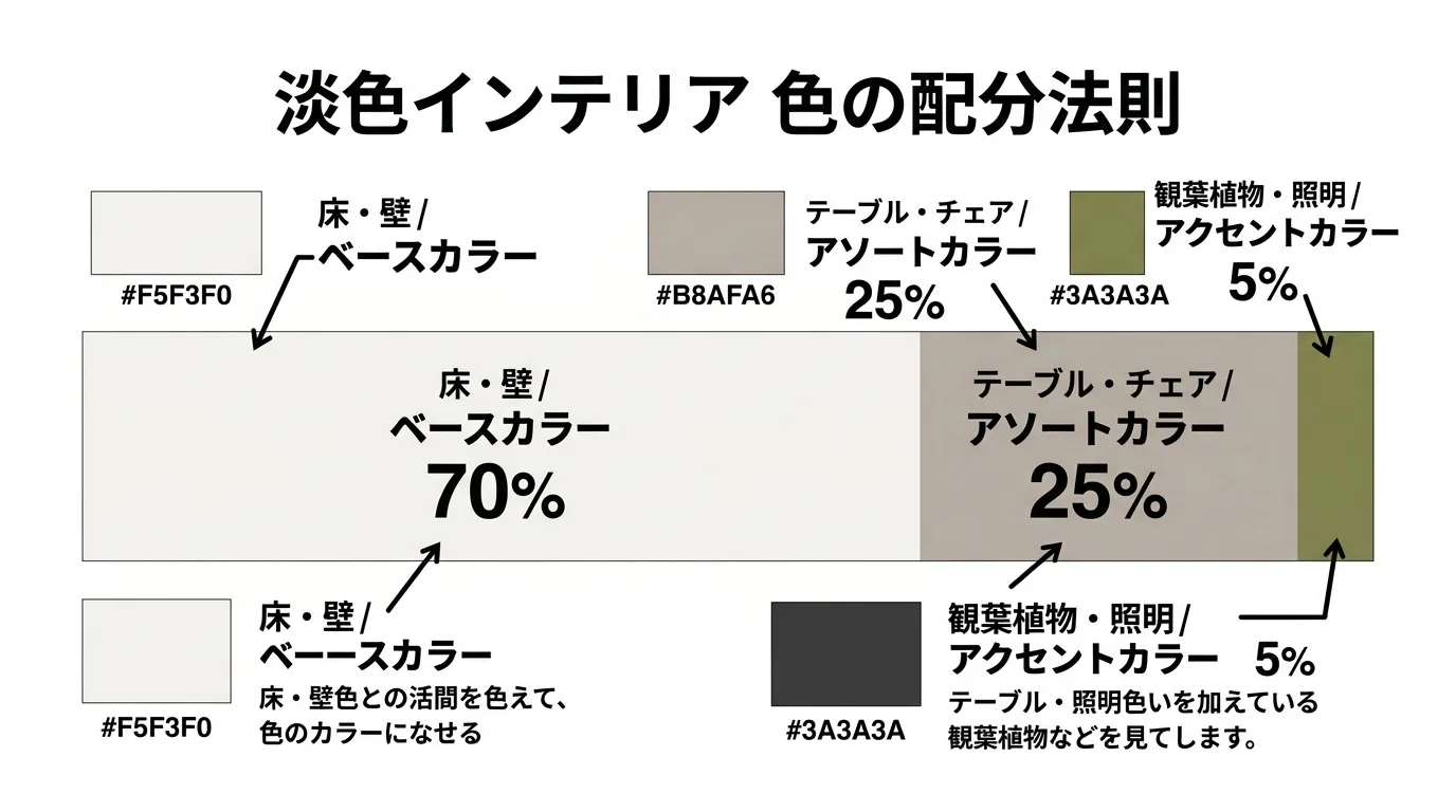 淡色インテリアのダイニングにおける色の配分図解—ベースカラー70%・アソートカラー25%・アクセントカラー5%の割合と具体例