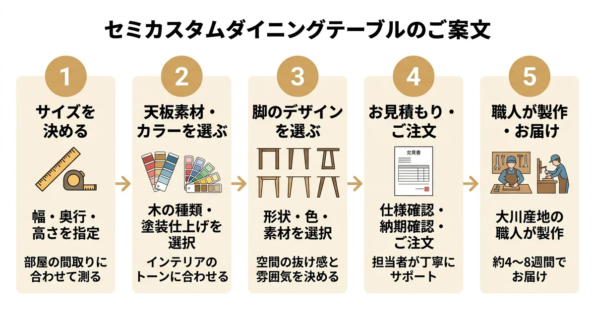 ダイニングテーブルオーダー・セミオーダーの流れ5ステップ|サイズ決定から職人製作・納品までのフロー図解