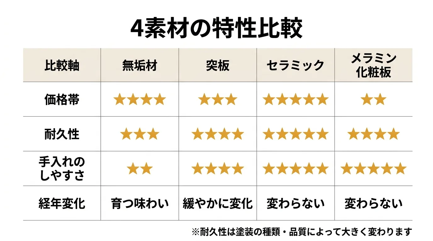 ダイニングテーブル4素材（無垢材・突板・セラミック・メラミン化粧板）の価格・耐久性・手入れ・経年変化を比較した図解