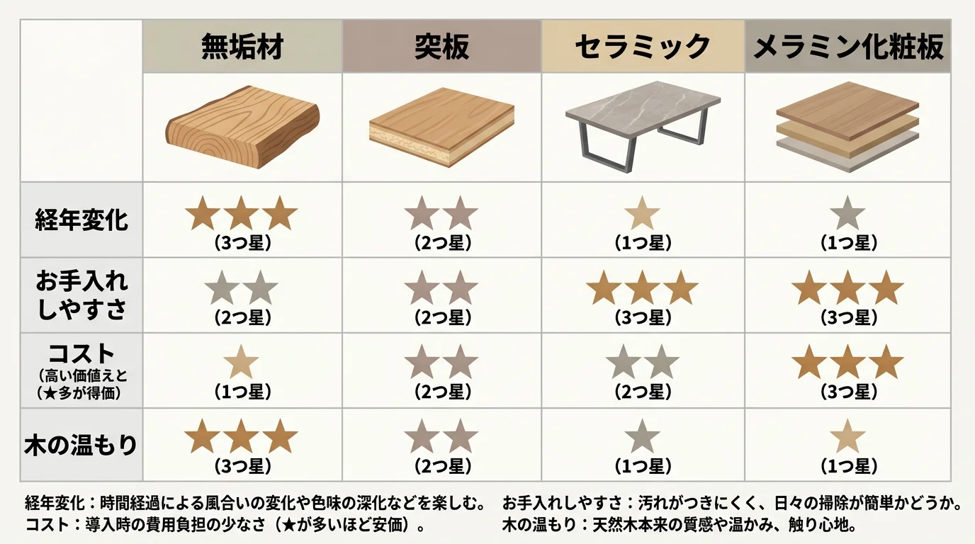 ダイニングテーブル素材比較｜無垢材・突板・セラミック・メラミンを経年変化・お手入れ・コスト・温もりで比較した図解