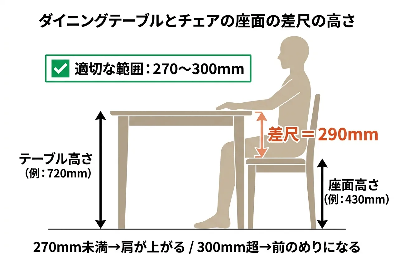 ダイニングテーブルとチェアの差尺を説明する図解。テーブル高さ720mm・座面高さ430mm・差尺290mmの関係を側面図で示す