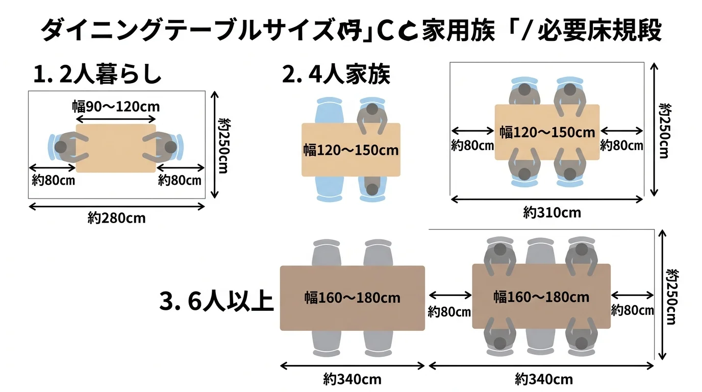 ダイニングテーブルのサイズ選び方早見表｜2人・4人・6人別の幅目安と必要スペースを図解