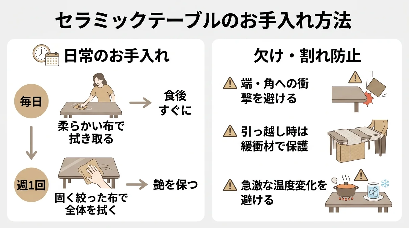 セラミックテーブルのお手入れ方法フロー図。日常ケア（毎日・週1）と欠け割れ防止の注意点を示した図解