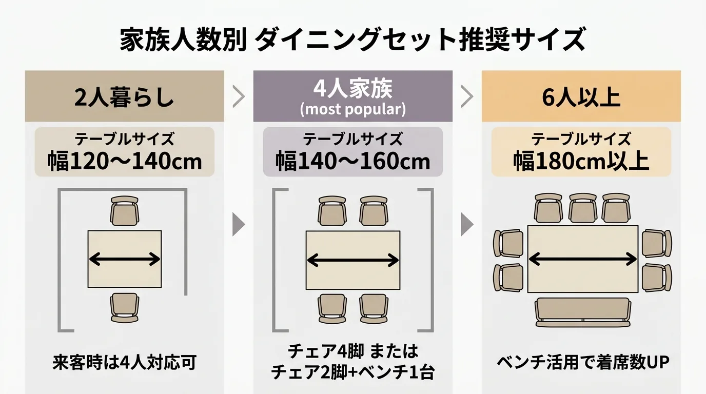 ダイニングセットの家族人数別サイズ構成図解。2人暮らしは幅120〜140cm、4人家族は幅140〜160cm、6人以上は幅180cm以上の配置例