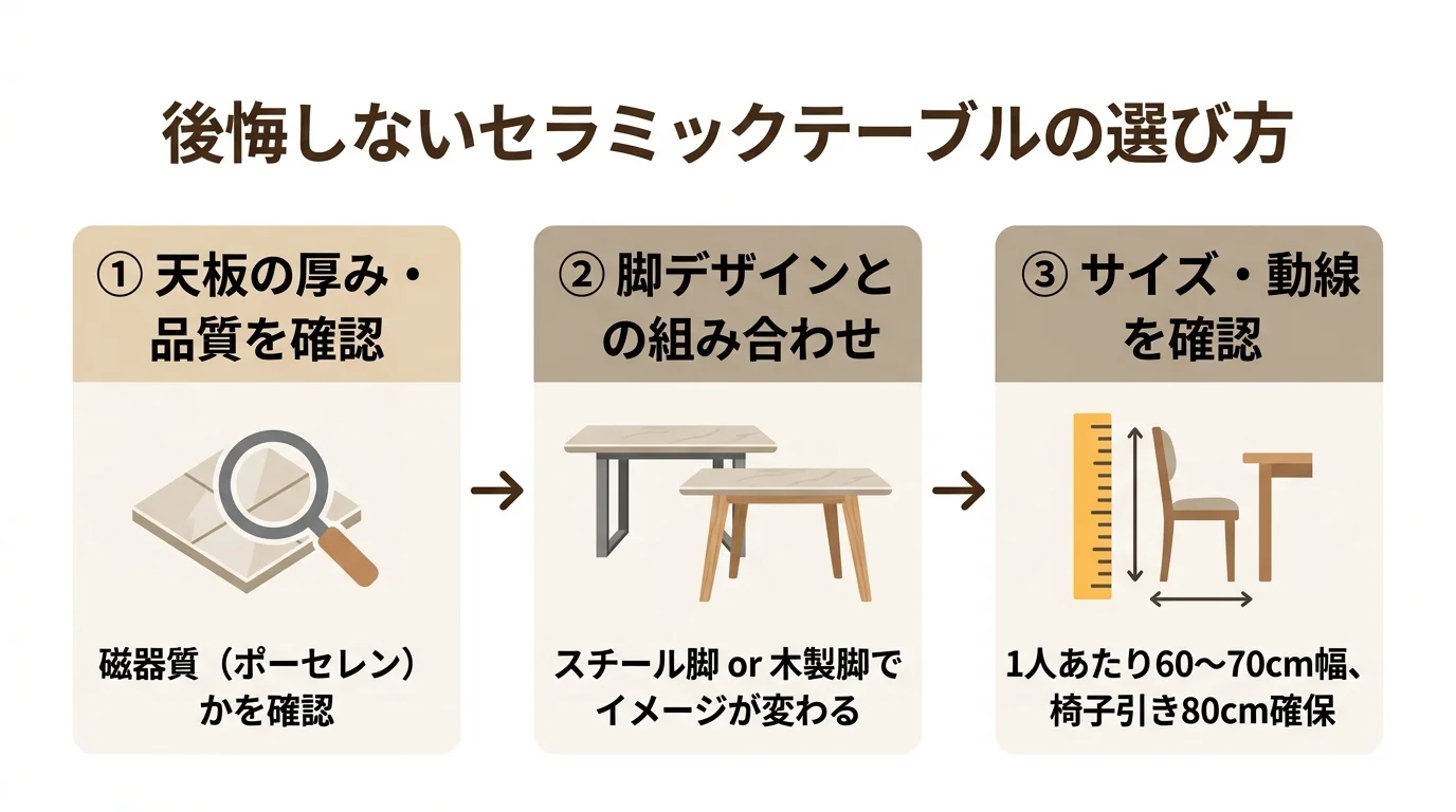 セラミックテーブルの選び方3ステップ図解。天板品質確認→脚デザイン選択→サイズ確認の流れを示したフロー図