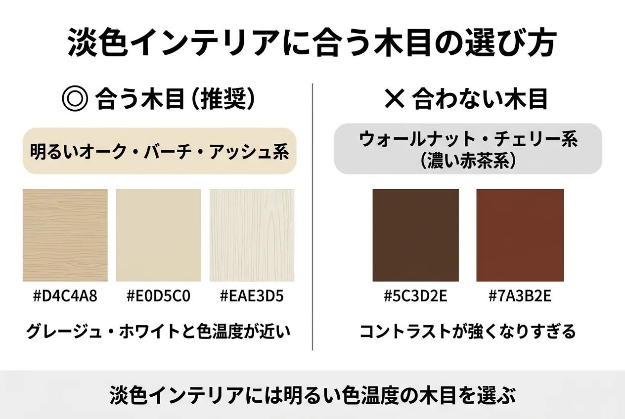 淡色インテリアに合う木目と合わない木目の色温度比較図—明るいオーク・バーチ系がおすすめ、ウォールナット系は注意