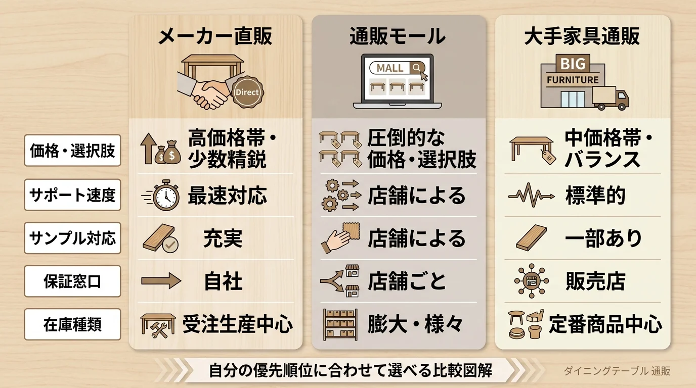 メーカー直販と通販モールでダイニングテーブルを買うときの違いを保証・配送・サンプル取り寄せ・カスタム対応で対比した図解