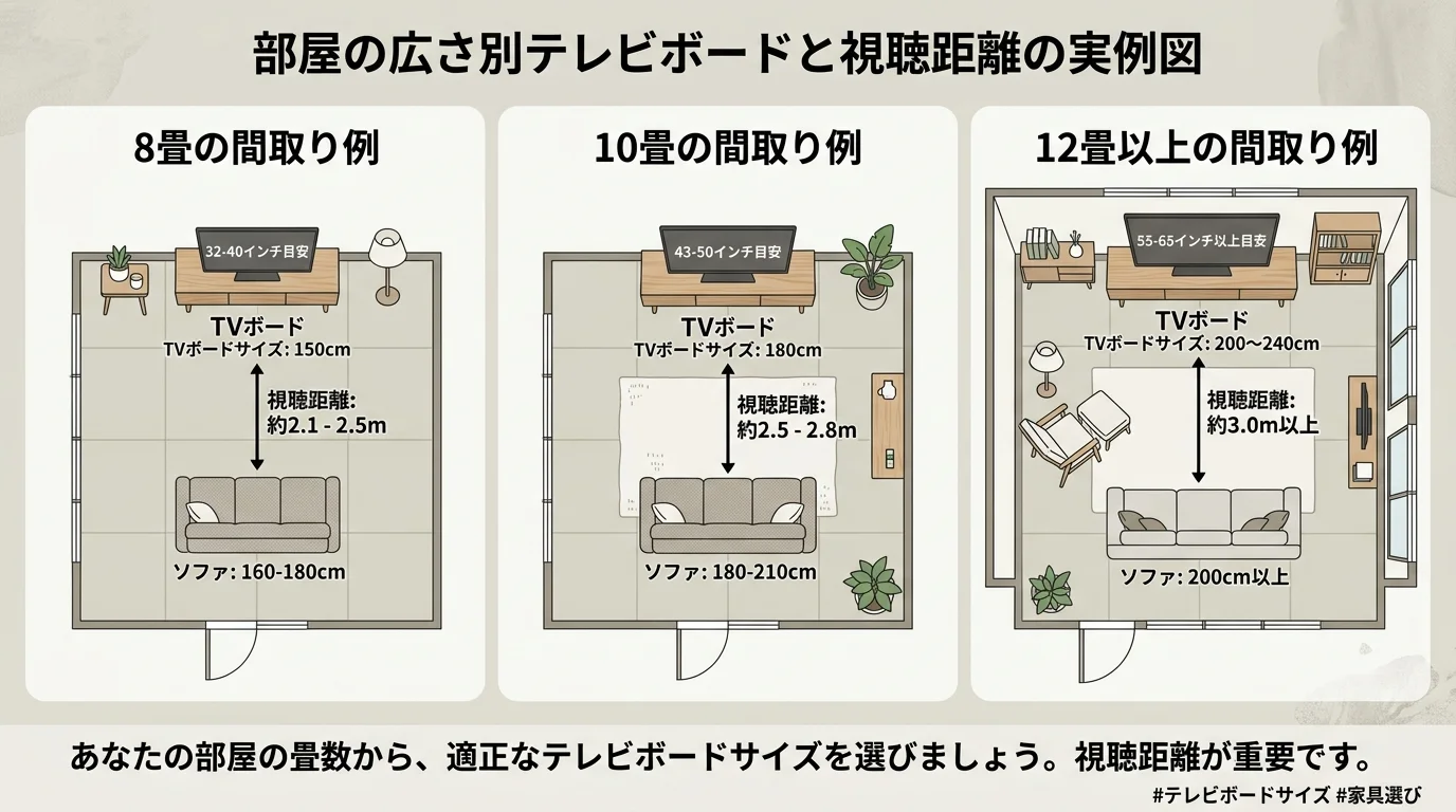 部屋の広さ別サイズ実例図を解説した図解(テレビボードサイズ)