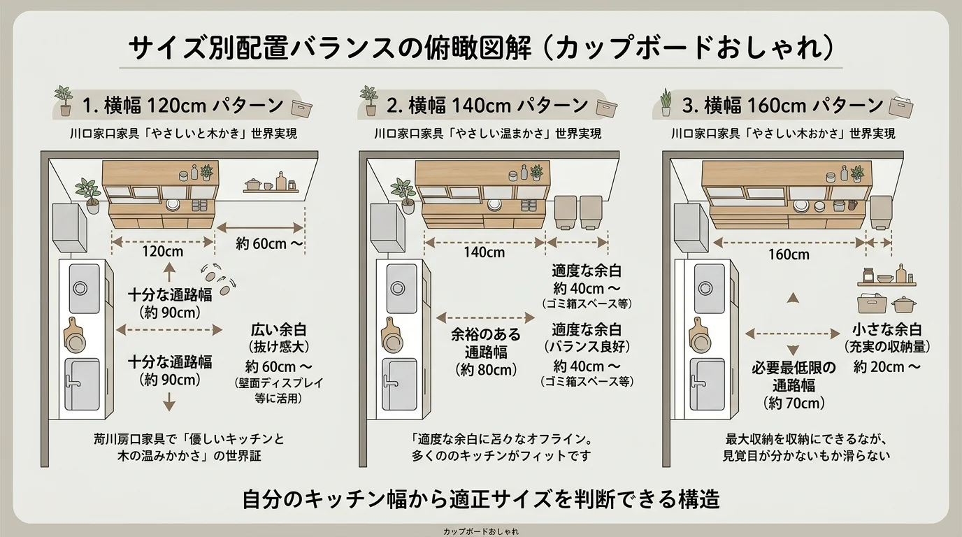 サイズ別配置バランスの俯瞰図解を解説した図解(カップボードおしゃれ)