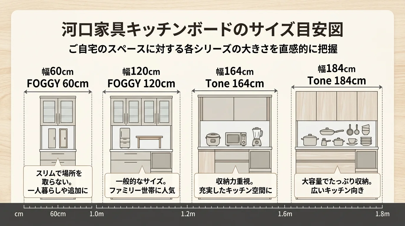 河口家具キッチンボードのサイズ目安図を解説した図解(カップボード違い)