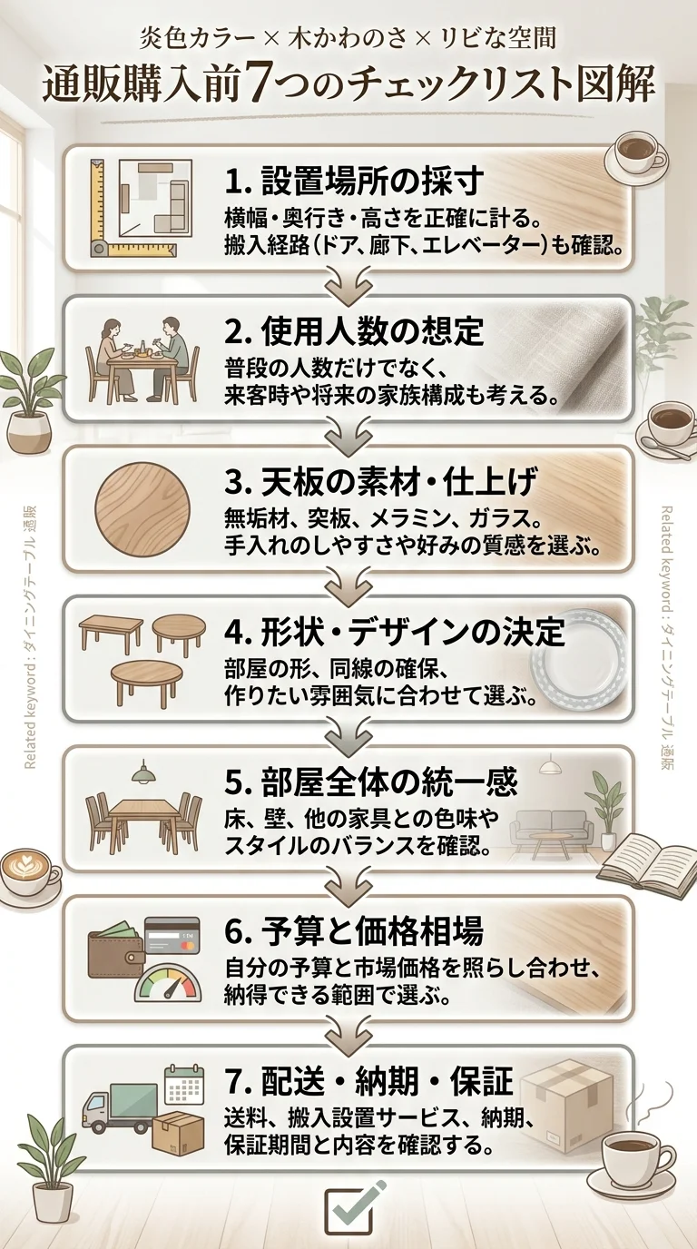 通販でダイニングテーブルを買う前に必ず確認したい7つの項目（サイズ・素材・脚配置・保証・配送・返品・販売元）をチェックリスト形式で並べた図解