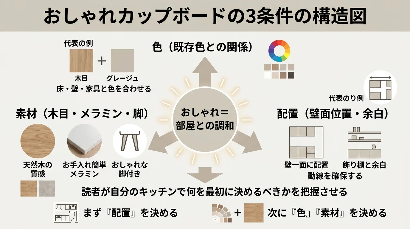 おしゃれカップボードの3条件の構造図を解説した図解(カップボードおしゃれ)