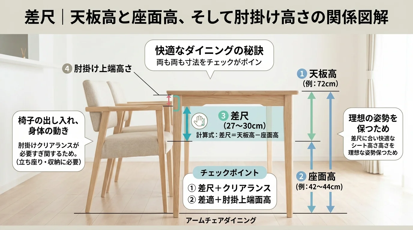 差尺=座面高×天板高と肘掛け高さの関係図解を解説した図解(アームチェアダイニング)