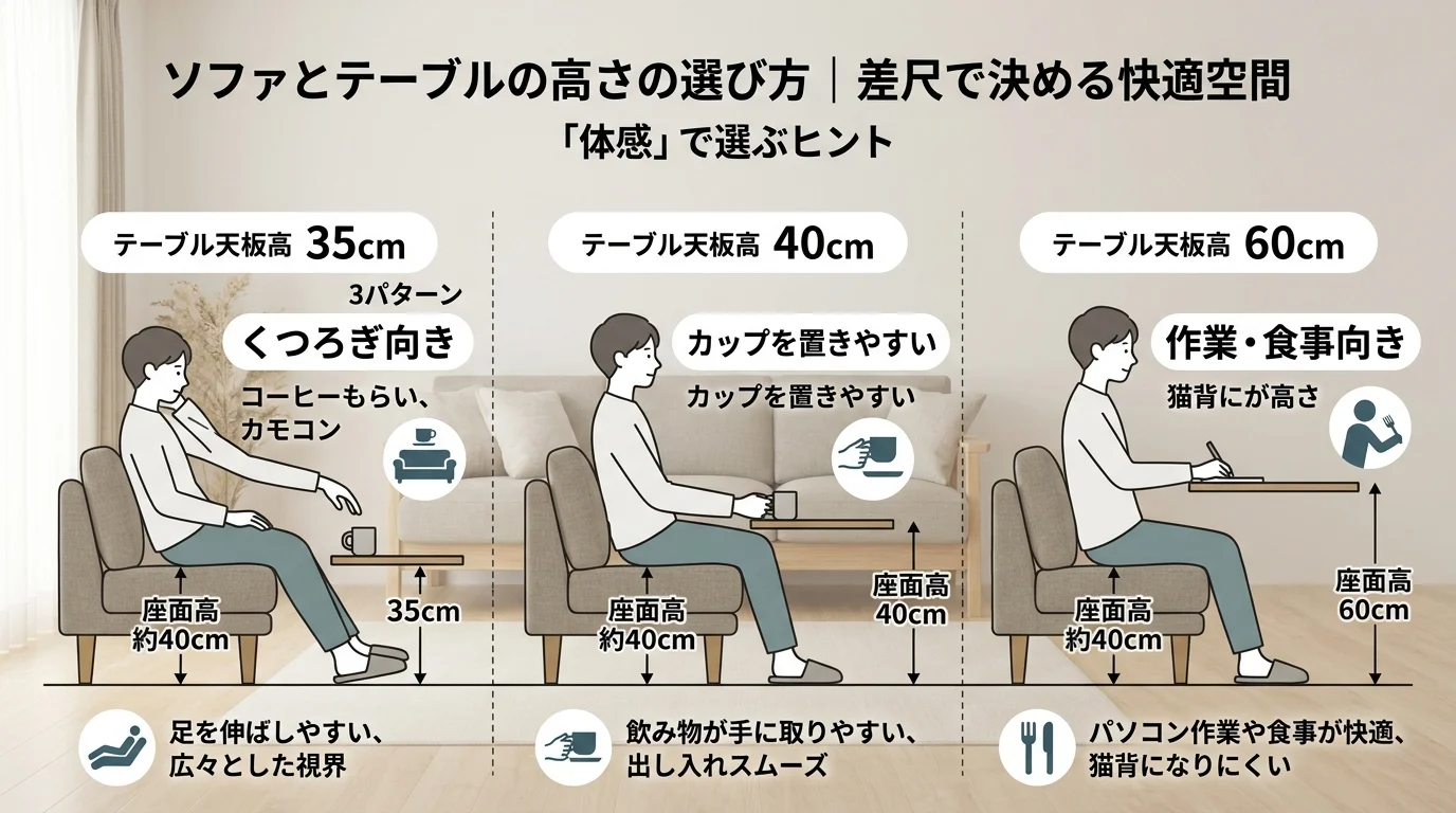 ソファ座面とテーブル天板の差尺図解を解説した図解(センターテーブル選び方)