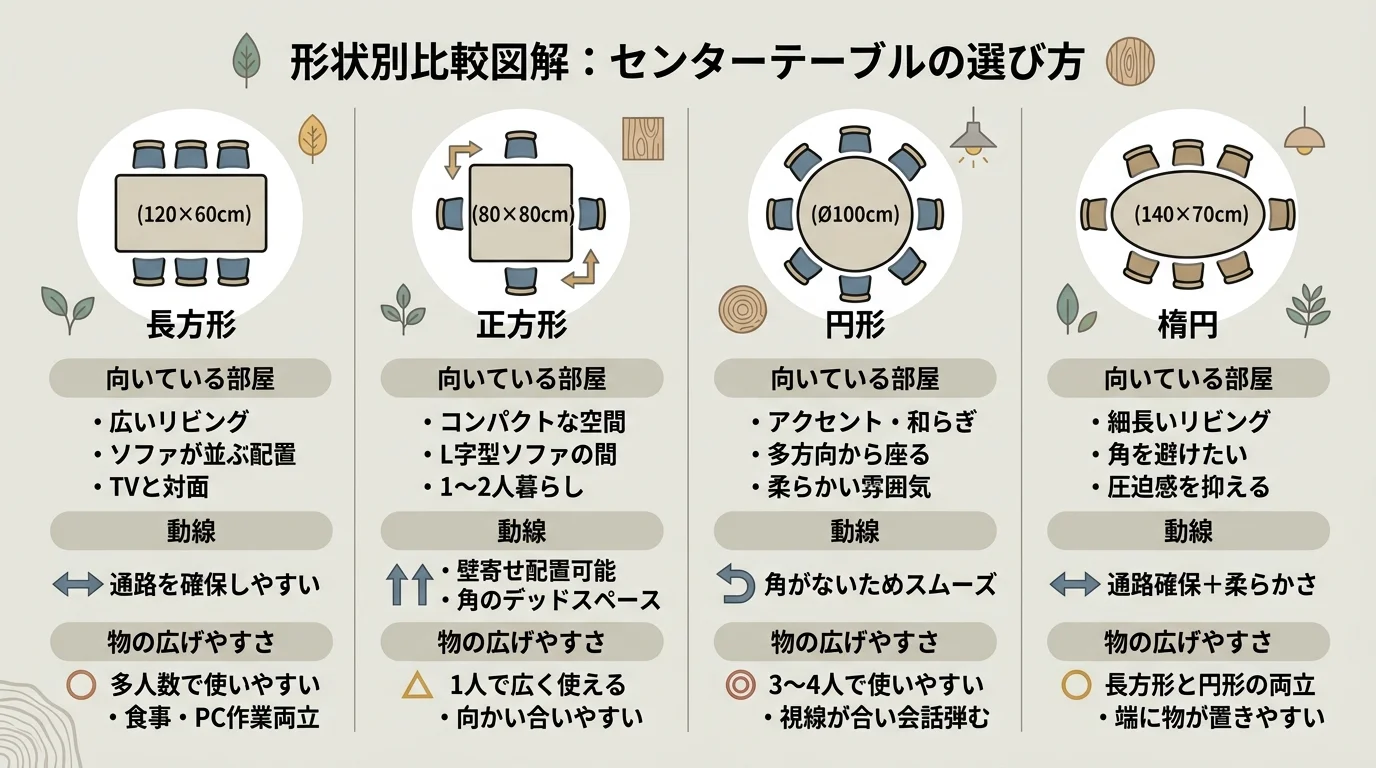 形状別比較図解を解説した図解(センターテーブル選び方)