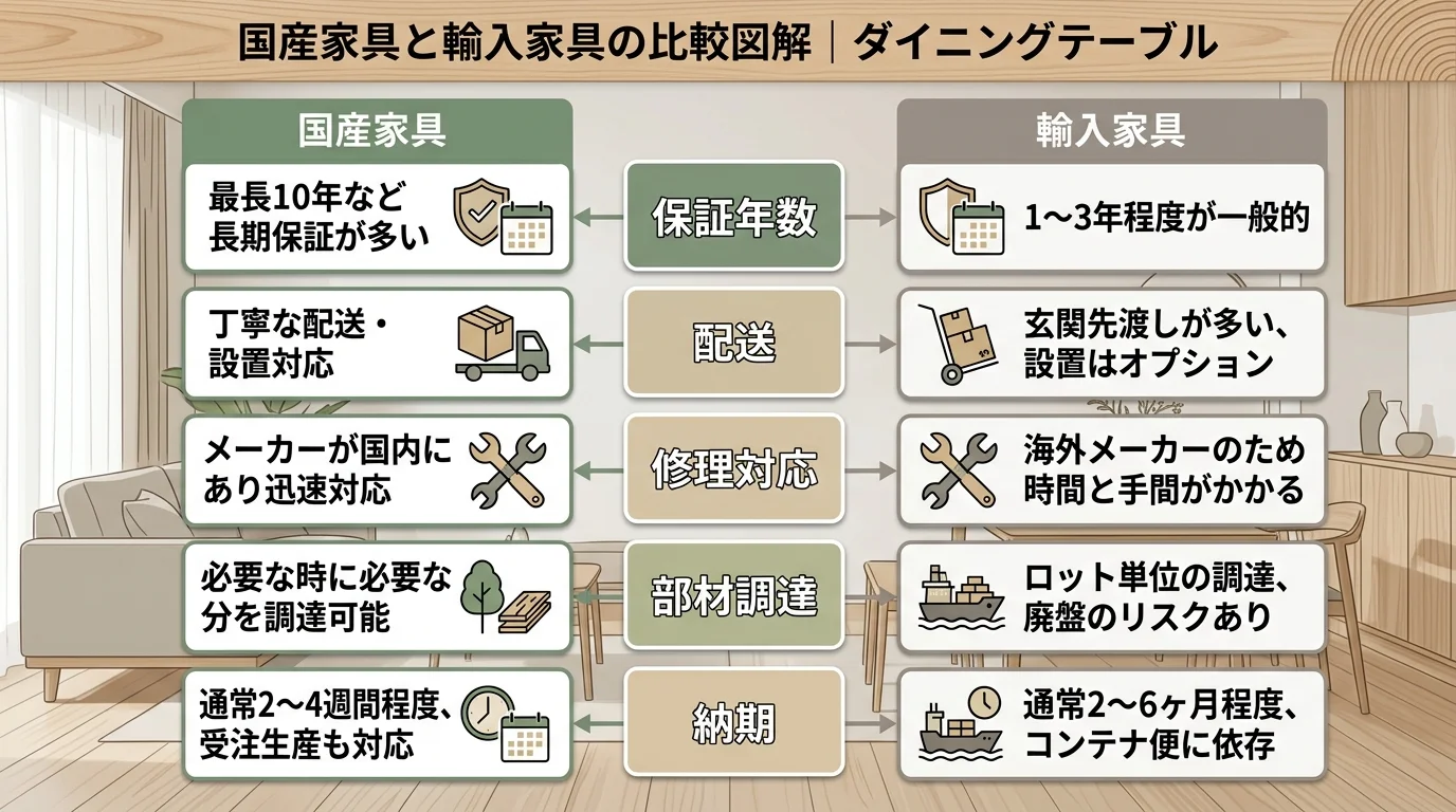国産ダイニングテーブルと輸入家具を保証年数・配送・修理対応・部材調達・納期で対比した比較図解