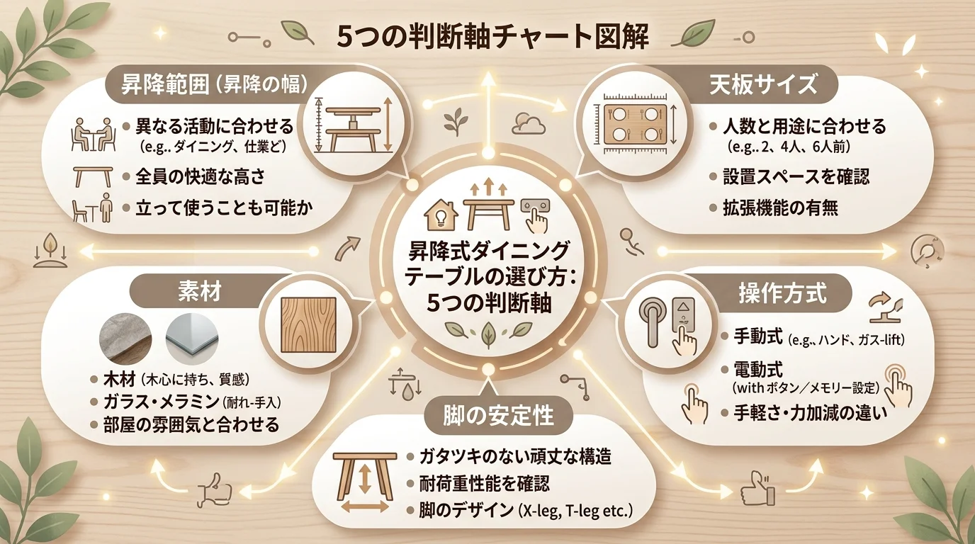 昇降範囲・天板サイズ・操作方式・脚の安定性・素材の5項目をチェックリスト型に整理した選び方の判断軸チャート
