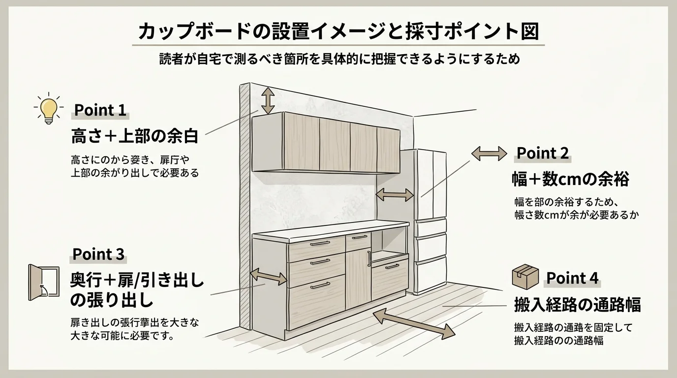 カップボードの設置イメージと採寸ポイント図を解説した図解(カップボード違い)