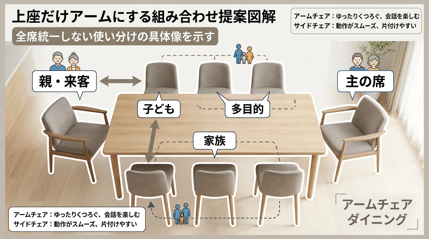 上座だけアームにする組み合わせ提案図解を解説した図解(アームチェアダイニング)