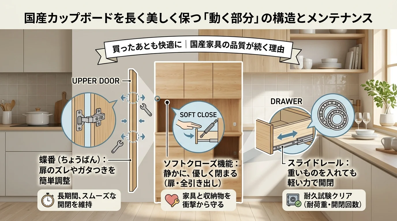 国産カップボードを見極める7つのチェックポイント一覧図を解説した図解(国産カップボード)