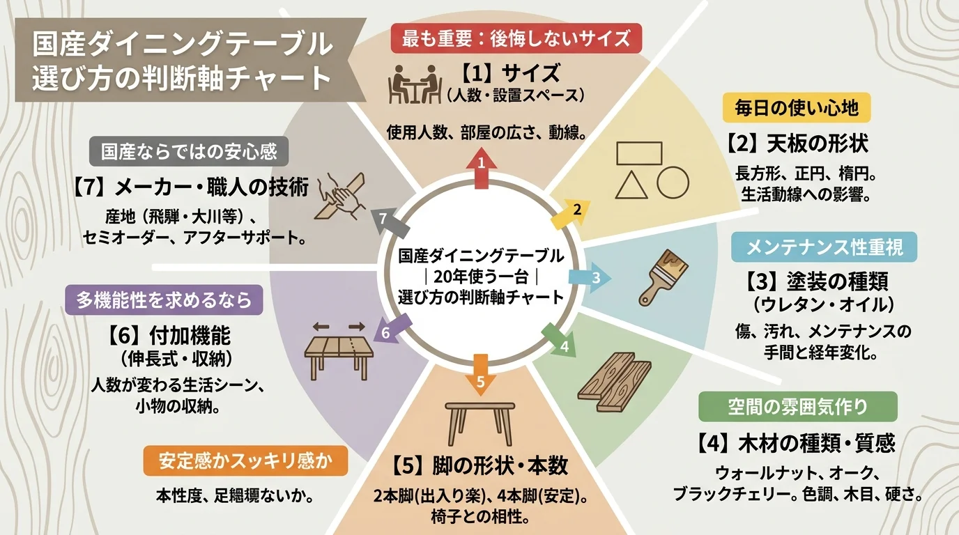 国産ダイニングテーブルを選ぶときの7つの判断軸（サイズ・素材・脚部・色・保証・受注期間・修理対応）を放射状に整理した選び方チャート
