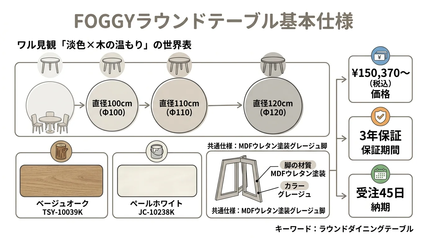 河口家具製作所FOGGYラウンドテーブルの100/110/120cm各サイズと天板色（ベージュオーク/ペールホワイト）の仕様視覚化図