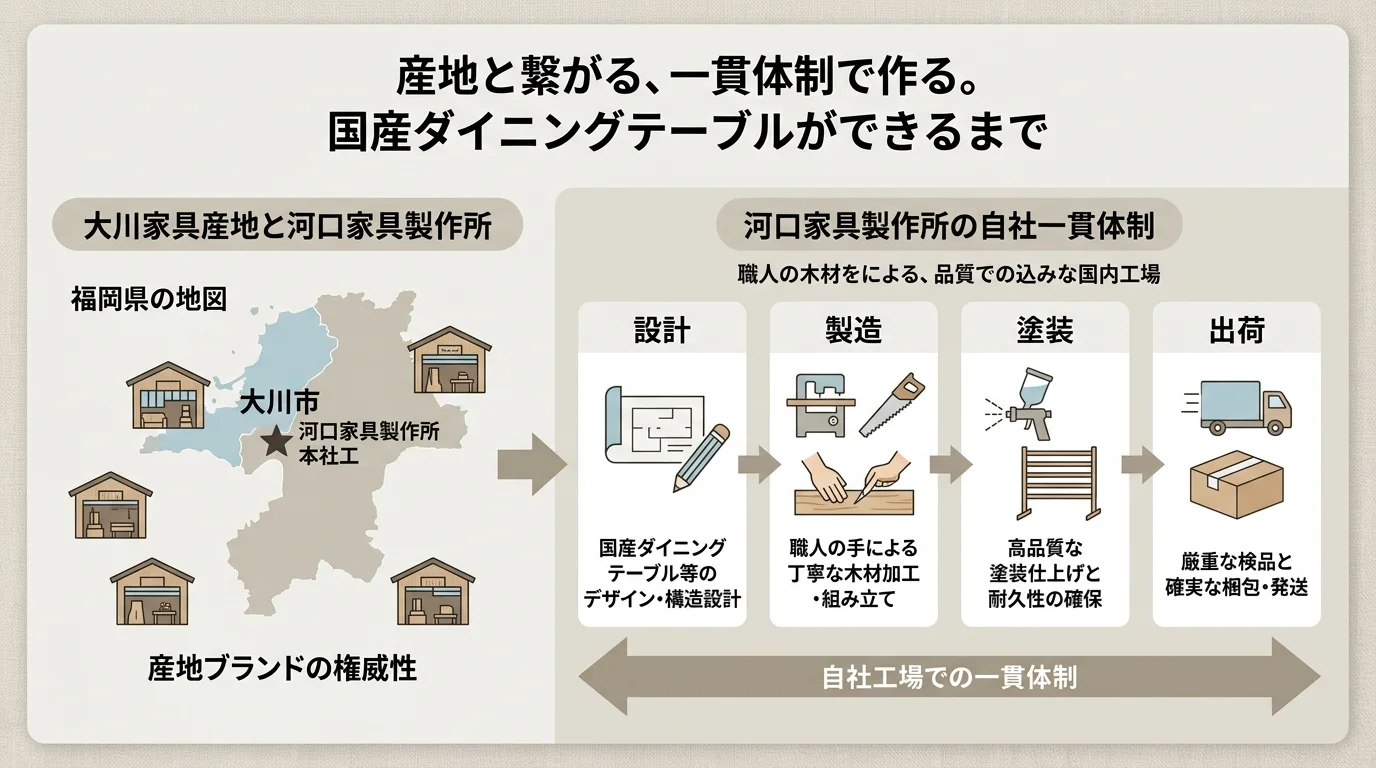 福岡県大川市の家具産地と河口家具製作所の自社工場における設計から出荷までの4工程図解