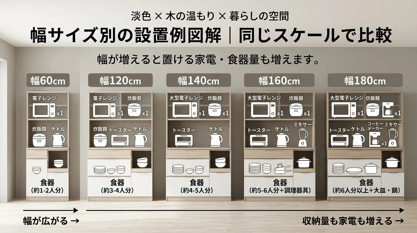 幅サイズ別の設置例図解を解説した図解(カップボードサイズ)