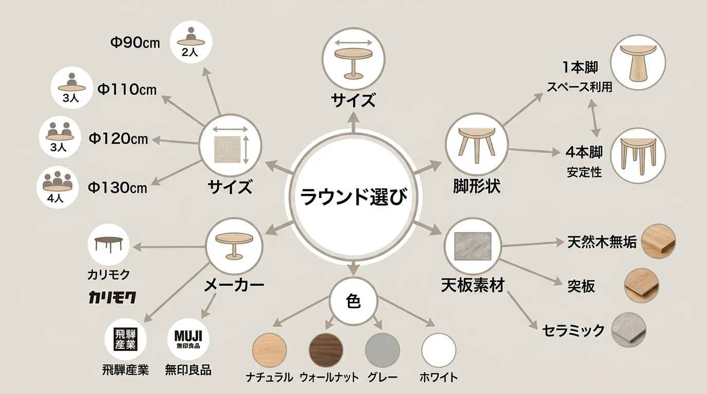 ラウンドダイニングテーブルを選ぶときの5つの判断軸（サイズ・脚配置・素材・色・メーカー）を放射状に整理した選び方チャート