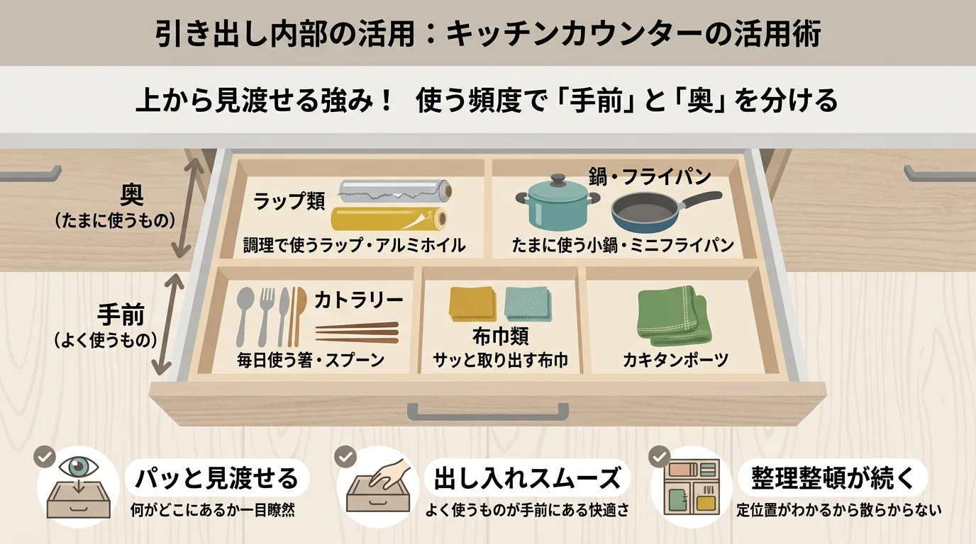 引き出し内部の活用を解説した図解(キッチンカウンター引き出し)
