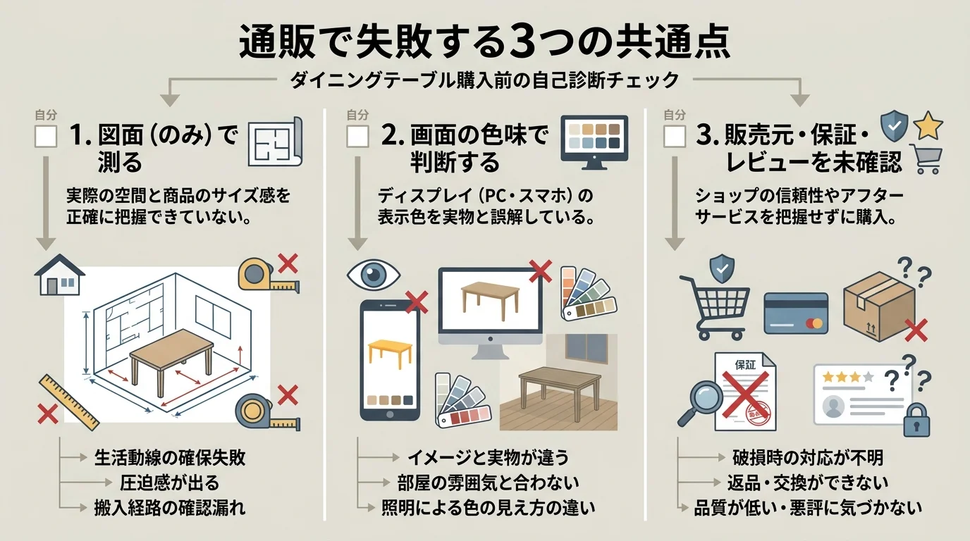 通販で家具を買って失敗する3つの共通点（図面で測る・画面色で判断・販売元未確認）を縦に並べた俯瞰インフォグラフィック