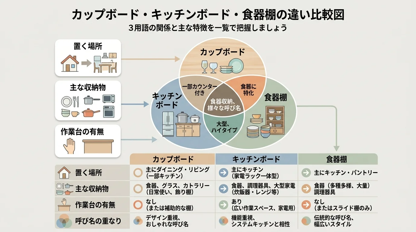 カップボード・キッチンボード・食器棚の違い比較図を解説した図解(カップボード違い)