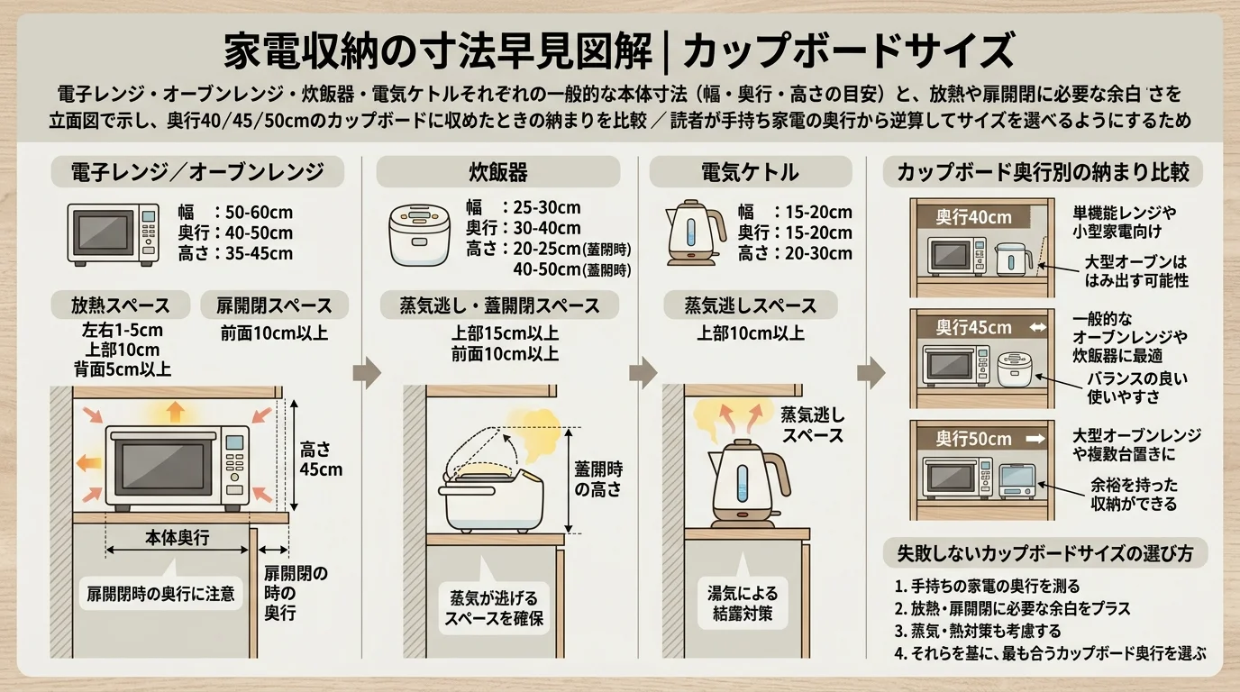 家電収納の寸法早見図解を解説した図解(カップボードサイズ)