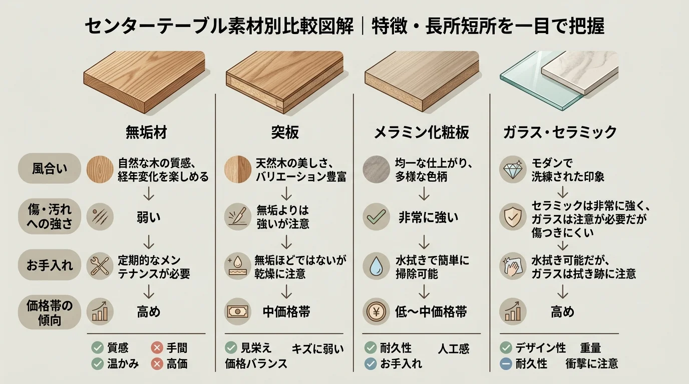 素材別比較図解を解説した図解(センターテーブル選び方)