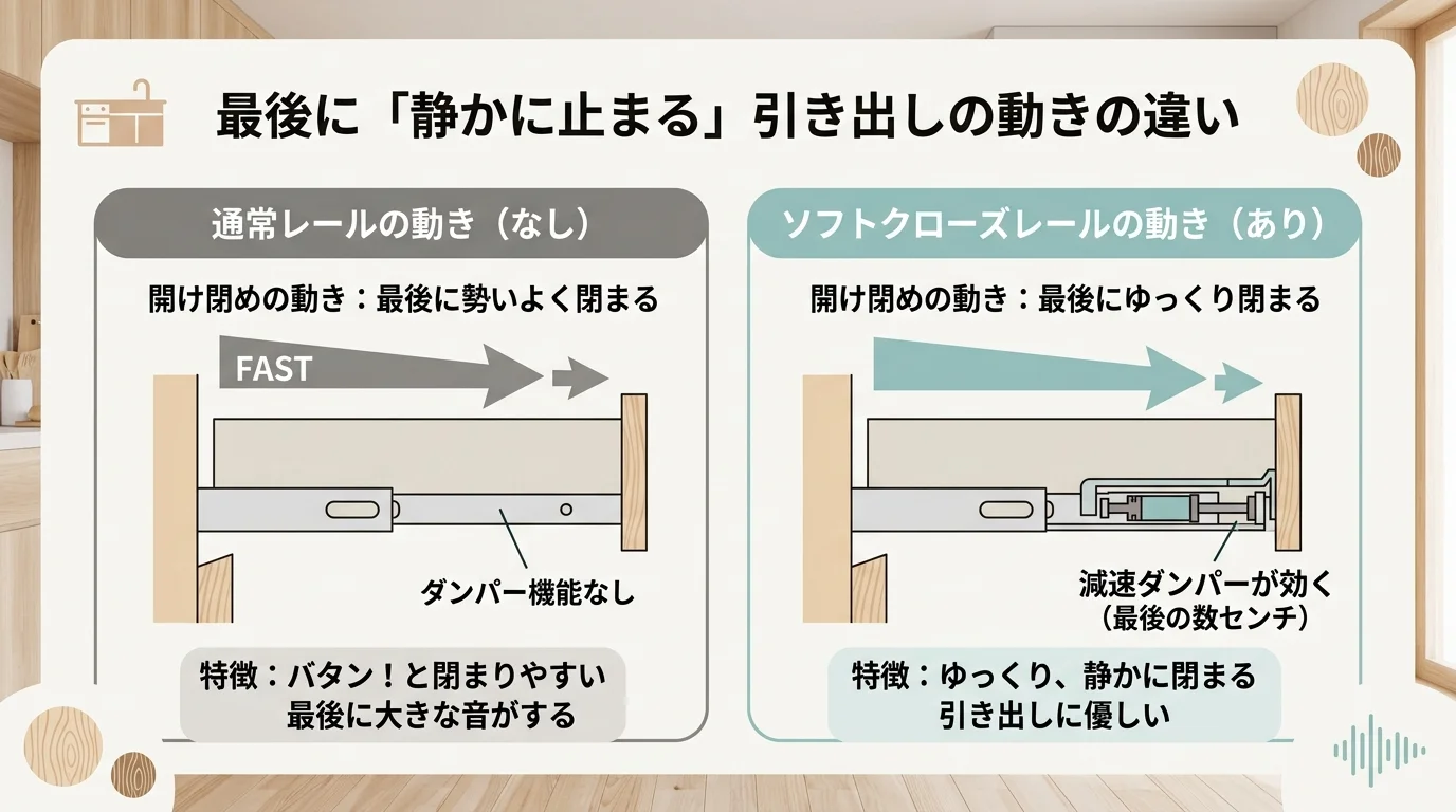 ソフトクローズ/スライドの仕組みを解説した図解(キッチンカウンター引き出し)
