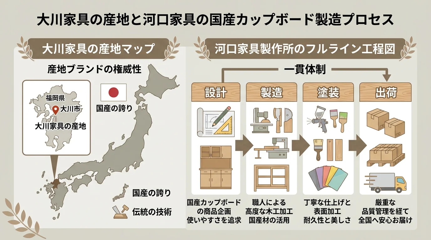 大川家具の産地マップと河口家具製作所のフルライン工程図を解説した図解(国産カップボード)