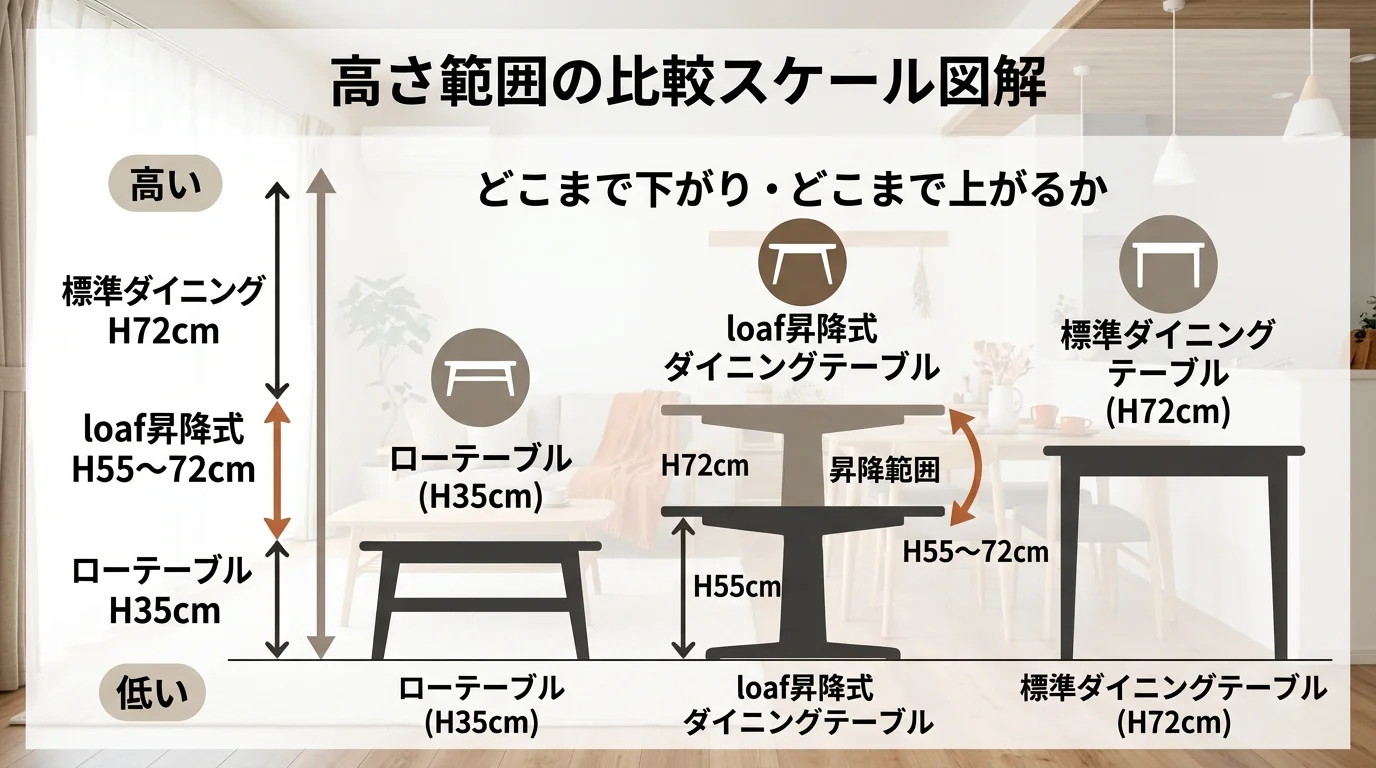 ローテーブルH35cm・loaf昇降式H55-72cm・標準ダイニングH72cmを並べた高さ比較スケール図